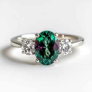 Bague en or massif 9K avec trois pierres : Alexandrite de laboratoire ovale et diamant de laboratoire taille marquise – Joaillerie fine - Product Image 6