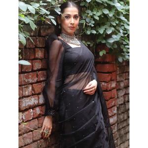 ESPEJO DE ORGANZA DE MODA TRABAJO CON LATKAN SAREE CON BLUSA SIN COSTAR NEGRO - Product Image 1