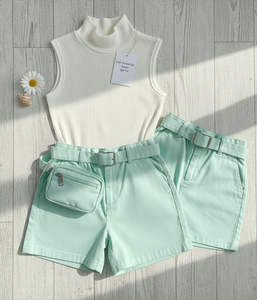 Girls Summer Ribbed Cotton Outfit Set | Sleeveless Top & Belted Shorts with <b>Mini</b> <b>Pouch</b> | Kids Casual Wear Bulk Supplier - Product Image 4