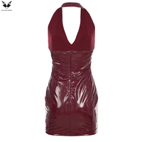 Raccoon Sports Wet-Look Sexy Slim Fit Club Mini-Kleid Glänzendes PU-Leder Neckholder Rückenfreies Kleid mit Natürlicher Taille Elegant Burgunderrot