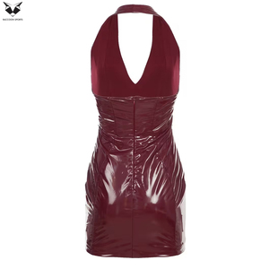 Good Supplier Newest Trendy Product Shiny Patent Leather Halter Neck Backless Mini Dress Elegant Burgundy Wet Look Clubwear - Product Image 3