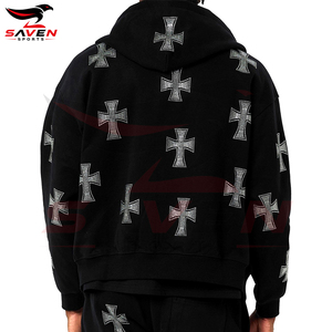 Sweat à capuche zippé personnalisé pour homme, noir, avec motif en strass, en coton épais, coupe ample, style streetwear, effet diamant scintillant, en molleton - Product Image 2