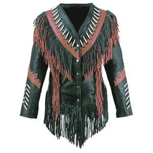 Women's Genuine Leather <b>Raw</b> Solid Windproof Fringed Motorcycle Jacket V-Neck Full Sleeve Western Style Winter - Product Image 1