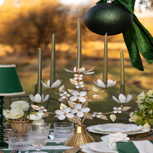 Beautiful matte gold three arm <b>candelabra</b> highlighting blooming lotus flower cups, available at wholesale prices. - Product Image 5