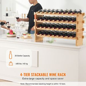 Estante Modular Apilable para 36 Botellas de Vino, de 4 Niveles, de Bambú Sólido, Soporte de Madera para Vino, Estante de Exhibición Independiente - Product Image 6