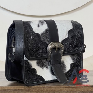 Premium Black Tooled Genuine Leather Women <b>Messenger</b> <b>Bags</b> Western Style Floral Buckle Design Crossbody Female Shopping Handbags - Product Image 1