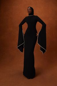 Awais HOUSE Black Modest Abaya High Neck Floor Length Extra Long Sleeve Beaded Polyester Women's Daily Wear Middle East Style - Product Image 3