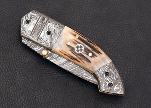 Cuchillo de bolsillo plegable de acero de Damasco hecho a mano con punta de caña, mango de cuerno - DIY OEM, regalo multifuncional de aniversario para él - Product Image 3