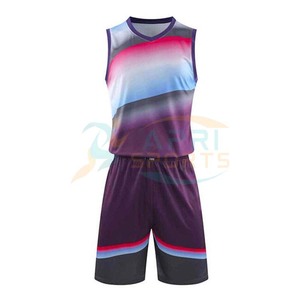 Ensemble d'uniformes de basket-ball sublimés personnalisés, maillot sans manches à col en V avec design dégradé, matière 100% polyester - Product Image 2