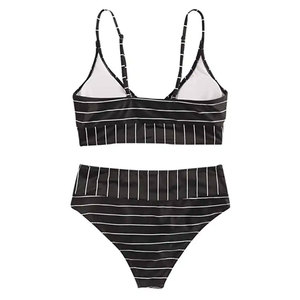 Ensemble de bikini rayé pour femme, maillot de bain deux pièces taille haute, haut croisé à nouer avec bordure contrastante, en Spandex et Nylon - Product Image 2