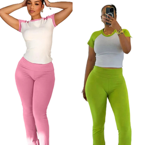 Casual Pink <b>Patchwork</b> 2 Piece Sets Women Flare Pants and Sleeve Shirt <b>Top</b> Streetwear Matching Outfit 2026 - Product Image 1