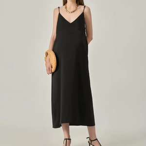 <b>Spaghetti</b> <b>Strap</b> Satin Sleeveless Regular Simple Minimalist Plain Dyed Natural Casual Breathable Loose Straight Midi Dresses - Product Image 1