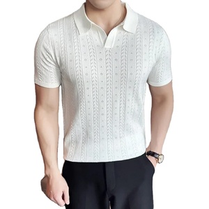 Polo col en v pour homme 2024 été T-shirt en tricot à manches courtes de couleur unie Jacquard à rayures creuses pour homme - Product Image 3