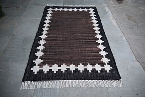 Alfombra Tejida a Mano de Lana y Algodón, Lavable, Hecha a Mano, con Borde Geométrico Negro y Marrón, Tejido Plano, Reversible, para Uso Doméstico - Product Image 3