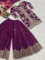 Hermoso Traje Sharara de Seda Ajustado con Bordado de Secuencia Codificada, Conjunto Indio de 3 Piezas Salwar Kameez (Top, Pantalón y Dupatta) para Invierno/Verano