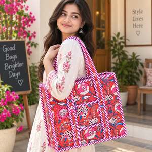Bohemian Panelled Canvas Tote Bag <b>Red</b> Floral Print Pink White <b>Stripe</b> Trim Open <b>Top</b> Large Capacity Shopping Bag All Seasons - Product Image 2