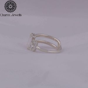 Charm_Jewells Women's <b>Emerald</b> Cut Moissanite Engagement <b>Ring</b> 925 <b>Silver</b> Prong Setting Minimalist Geometric Design - Product Image 3