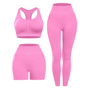 Women Pink Seamless Yoga Set Sports Bra High Waist <b>Leggings</b> 3 Piece Workout Activewear Full Length <b>Ruched</b> Design - Product Image 4