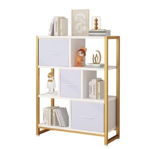 Libreria Bianca a 4 Ripiani con Cornice Dorata, 3 Gambe Alte, Struttura in Ferro e Tessuto Non Tessuto, Dimensioni 80*30*103cm - Product Image 5