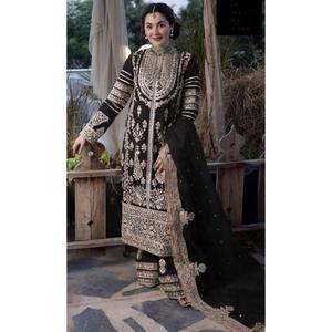 DESIGNER GEORGETTE BRODERIE SÉQUENCE TRAVAIL TOP PALAZZO AVEC DUPATTA NOIR - Product Image 1