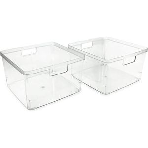 Set di 2 Contenitori Quadrati in Plastica Trasparente 10L X 10W X 6.1H con Maniglie Integrate per Casa, Ufficio, Cucina, Frigorifero - Product Image 1
