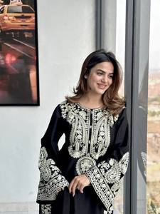 Women's Black Embroidered Kurta Set With <b>White</b> <b>Lace</b> Loose Fit Ankle-Length Traditional Indian Pakistani Wear All Seasons - Product Image 3