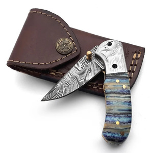Cuchillo plegable de acero de Damasco de Blade Mark Industries, mango de resina azul, cuchillo de bolsillo para caza, camping y actividades al aire libre, de fábrica. - Product Image 1