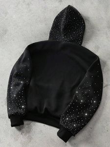 เสื้อฮู้ดดี้ปักคริสตัลแบบกำหนดเอง ผ้าหนาน้ำหนักมาก ทรงโอเวอร์ไซส์ สีเขียวเข้ม เสื้อสเวตเชิ้ตแบบสวมหัว คุณภาพสูง เสื้อฮู้ดดี้สตรีทแวร์แบบเรียบ - Product Image 4