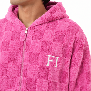 Wholesale Plush Fleece <b>Hooded</b> Sweatshirt Tracksuit Set Unisex Checker Texture <b>Zip</b> Hoodies Streetwear Relaxed Jogger Pants Bulk - Product Image 5