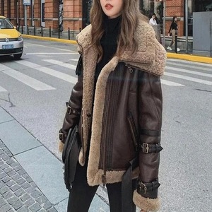 Veste bomber en cuir d'agneau véritable pour femme - Veste de pilote à double col en peau de mouton - Product Image 2