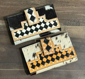 Vente en gros Portefeuille en cuir de vache usiné à la main de grande capacité Porte-cartes en cuir à carreaux véritable pour femmes Longue pochette à deux volets - Product Image 4