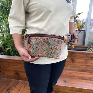 New Hand Tooled Leather Fanny Packs for Women Genuine Leather Vintage Bum Bag Western Turquoise Floral Pattern Leather <b>Belt</b> Bags - Product Image 3