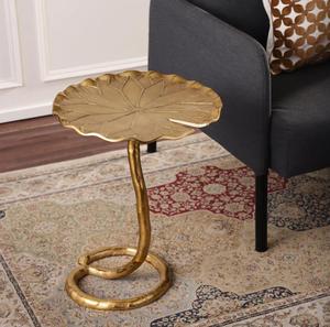 Modern <b>Gold</b> Metal Pedestal Side <b>Table</b> with Leaf Top Contemporary Living Room Accent Furniture - Product Image 3
