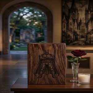 Wooden Cremation Urn Carved Batman Design Natural Wood Finish Adult <b>Memorial</b> <b>Keepsake</b> <b>Box</b> Customizable - Product Image 2