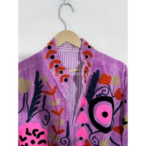 Purple Velvet Embroidery Jacket Uzbek Suzani Unisex Short Jacket <b>Coat</b> Women's Winter Jacket With Two Side Pockets - Product Image 4