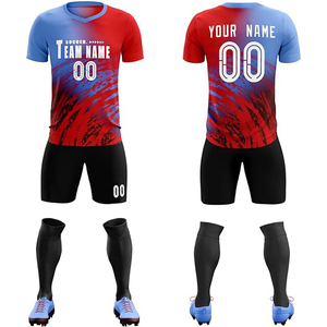 Conjunto de Camiseta y Pantalones Cortos de Fútbol Sublimados con Degradado Rojo y Azul Personalizado, Cuello en V, Manga Corta, Absorbe la Humedad, Ropa Deportiva para Hombre - Product Image 3
