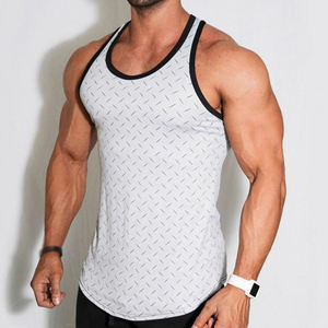 Camiseta sin mangas con estampado geométrico gris para hombre, cuello redondo, secado rápido, chaleco deportivo, ropa de entrenamiento de punto, moda fitness para hombre. - Product Image 1