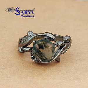 Anillo de Compromiso de Plata de Ley 925 con Ágata Musgosa Hexagonal y Circonita, Diseño de Hoja de Vid, Estilo Vintage, Joyería Fina para Mujer - Product Image 6
