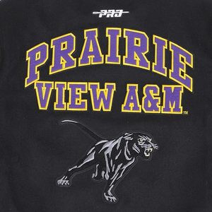 Chaqueta Universitaria Negra de los Prairie View A&M Panthers con Ribete Morado y Amarillo, Logotipo Bordado, Cuello Redondo, Ropa Deportiva de Invierno para Adultos - Product Image 3