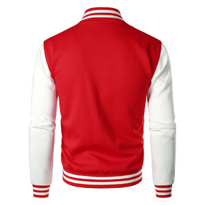 Red Men's Varsity Jacket White Sleeves Striped Cuffs Casual Winter Wear Turn-down Collar Single Breasted Design <b>Fleece</b> - Product Image 3