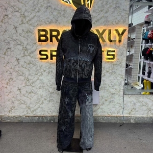 Survêtement d'hiver unisexe surdimensionné Brooxly Sports, style streetwear déchiré, sweat à capuche en coton entièrement zippé, pantalon de jogging brodé - Product Image 1