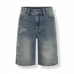 DISCOVER-IMPEX 2026 Short en jean vintage bleu clair uni pour homme, orné de strass, délavé, décontracté, été, 100 % coton - Product Image 5