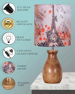 Paris Print Round Tabletop Lamp Decorative Bedside Desk Light with Vintage Wooden Base for Bedroom Living Room - Product Image 4