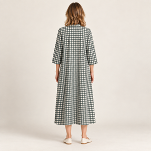 Vestido largo a cuadros con cuello en V y bolsillos, corte holgado, manga tres cuartos, vestido informal de algodón para uso diario - Product Image 2