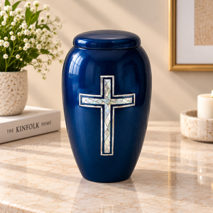 Urne funéraire bleu roi avec incrustation de croix faite à la main, couvercle sécurisé, porte-cendres commémoratif, décoration religieuse pour la mémoire - Product Image 1