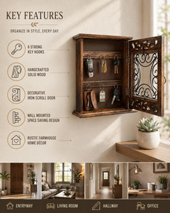 Rustic Wooden Wall Mounted <b>Key</b> <b>Holder</b> Cabinet Decorative <b>Key</b> Organizer with Metal Grill Door Entryway Storage <b>Home</b> Decor - Product Image 3