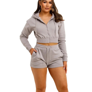 Prix compétitif, qualité supérieure, sweat à capuche court à fermeture éclair à manches longues et short avec impression de logo personnalisé - Product Image 1