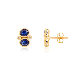 Boucles d'oreilles minimalistes en or jaune 18 carats massif pour femmes, serties de saphirs bleus ovales 4x6mm et de diamants, 100% authentiques, bijoux personnalisés. - Product Image 3