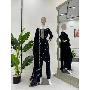 Conjunto de Salwar Kameez de Diseño Moderno con Bordado en Georgette Sintético de Secado Rápido, Top, Pantalón y Dupatta, para Fiestas, Mangas Largas, Elegante - Product Image 1