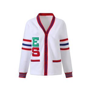 OES Casual Thick Fleece <b>Cardigan</b> Unisex V Neck Cotton Knit with <b>Chenille</b> Embroidered Letters White Winter Sweater Stripe Trim - Product Image 1